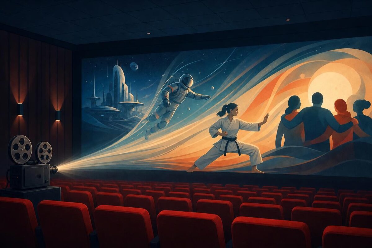 Ilustración editorial de una sala de cine con butacas rojas y un haz de luz de proyector.