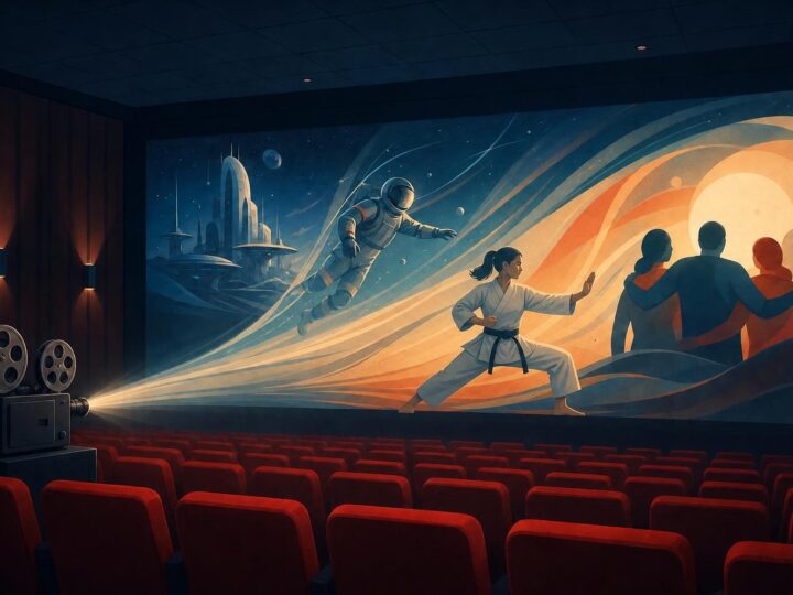 Ilustración editorial de una sala de cine con butacas rojas y un haz de luz de proyector.