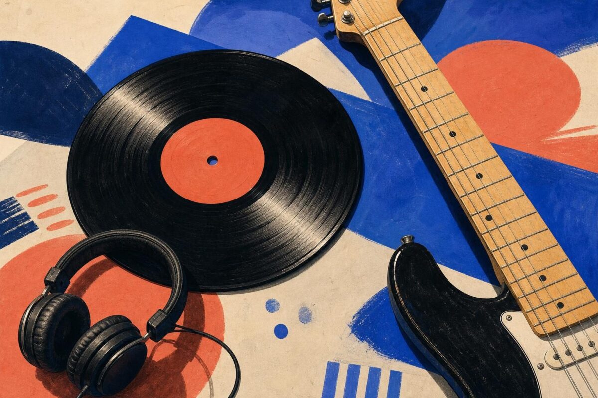 Ilustración editorial de un vinilo, una guitarra y unos auriculares para las novedades musicales de la semana.