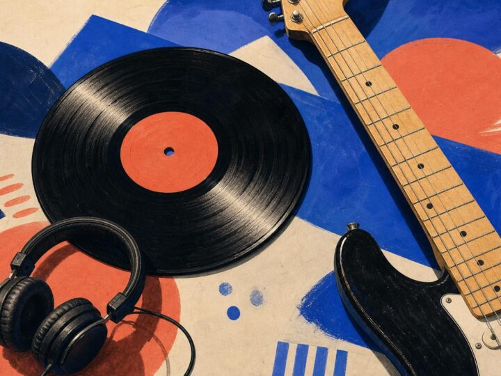 Ilustración editorial de un vinilo, una guitarra y unos auriculares para las novedades musicales de la semana.